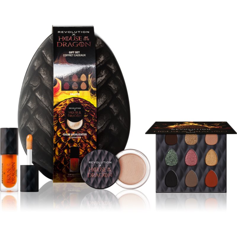 Makeup Revolution x House Of The Dragon zestaw kosmetyków paleta cieni + błyszczyk + rozświetlacz