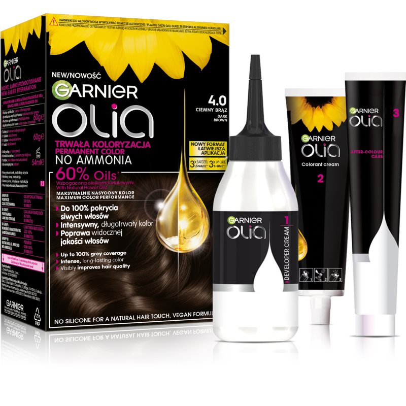 GARNIER OLIA TRWAŁA FARBA DO WŁOSÓW BEZ AMONIAKU 4.0 CIEMNY BRĄZ