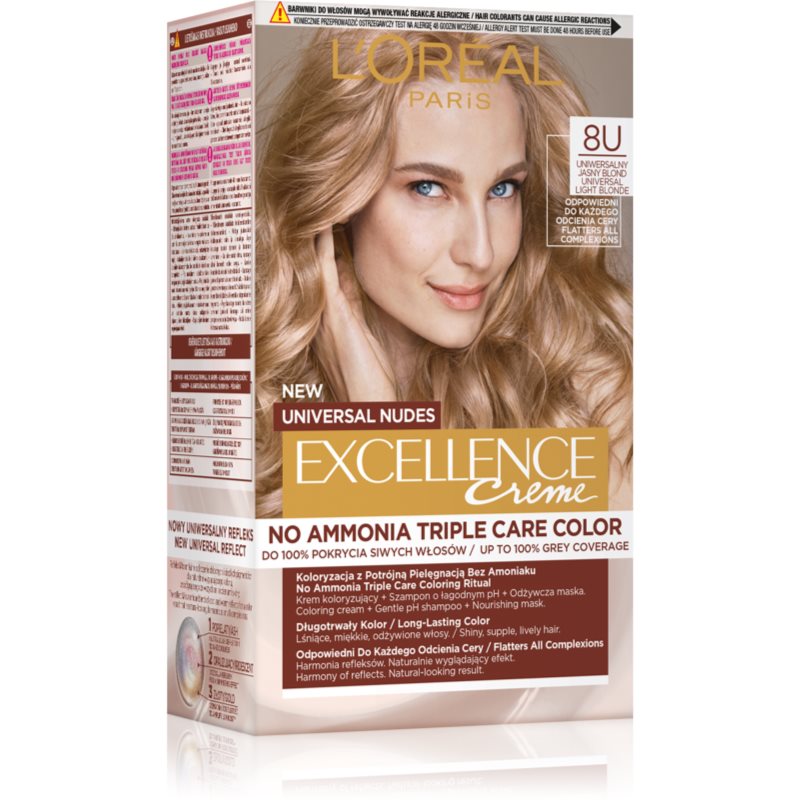 L'Oreal Paris Excellence Creme Universal Nudes, Trwała Farba do Włosów, 8U Uniwersalny Jasny Blond
