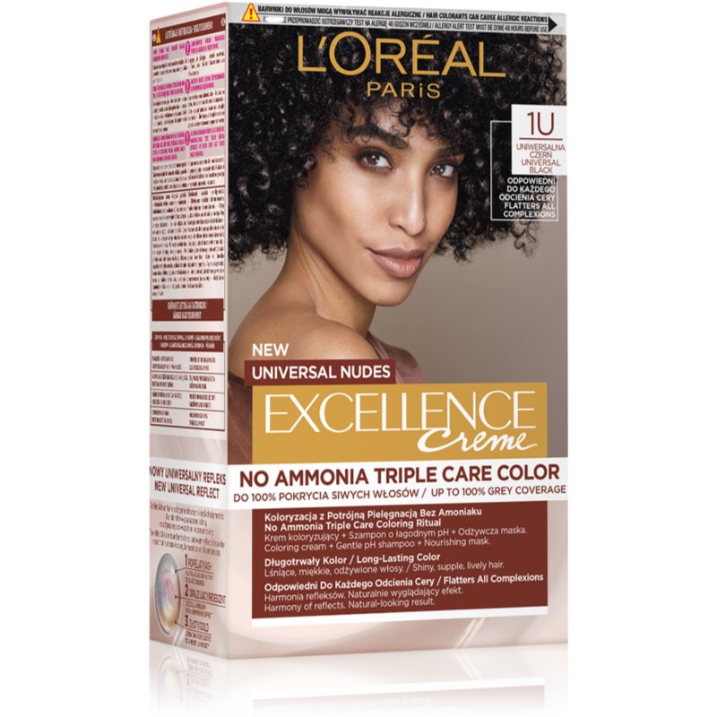 L'Oreal Paris Excellence Creme Universal Nudes, Trwała Farba do Włosów, 1U Uniwersalna Czerń