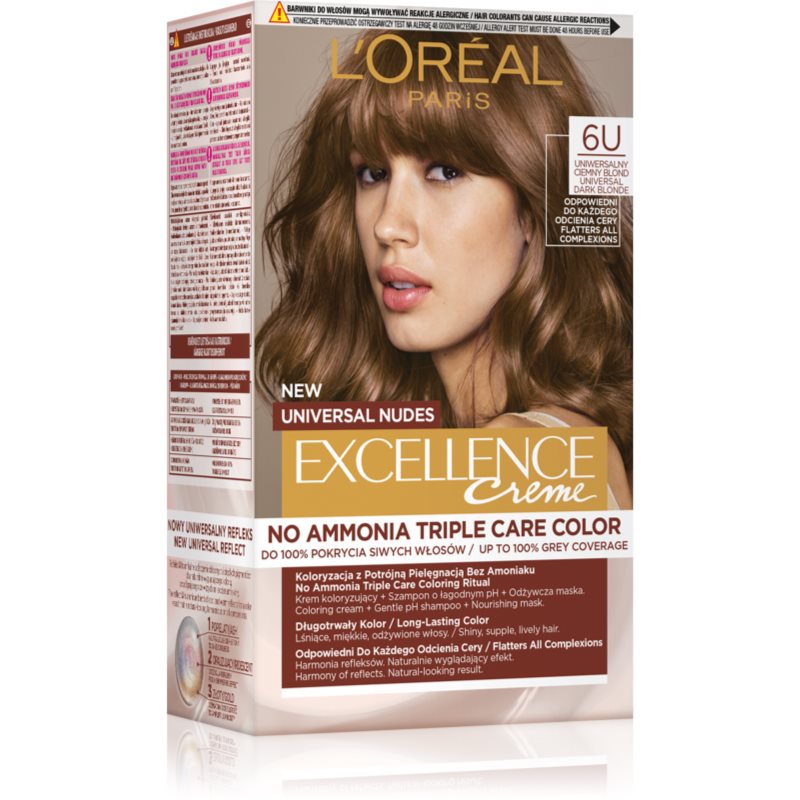 L'Oreal Paris Excellence Creme Universal Nudes, Trwała Farba do Włosów, 6U Uniwersalny Ciemny Blond