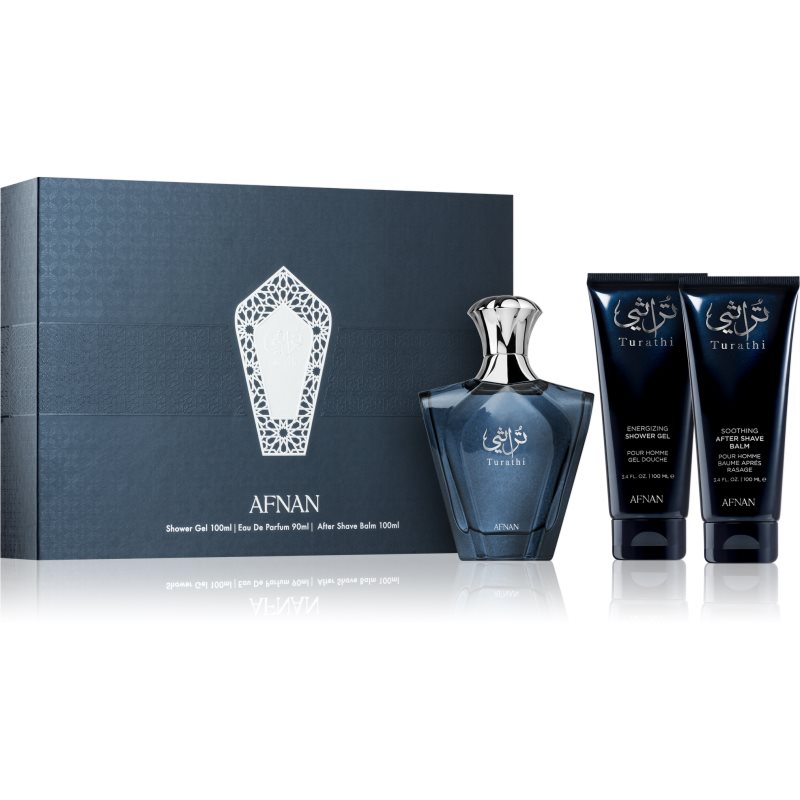 Afnan Turathi Blue Zestaw woda perfumowana 90 ml + żel pod prysznic 100 ml + balsam po goleniu 100 ml