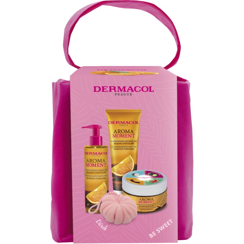 Dermacol Aroma Moment Belgian Chocolate Zestaw żel pod prysznic Belgian Chocolate 250 ml + mydło w płynie Belgian Chocolate ml + peeling do ciała Belgian Chocolate 200 g + gąbka do mycia + torba