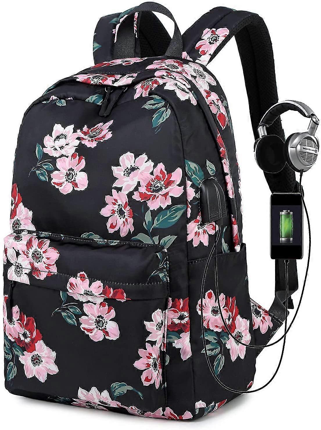 2023 - Plecak kwiatowy Lady Retro Style Plecak szkolny Lady School Bag Port ładowania USB Black