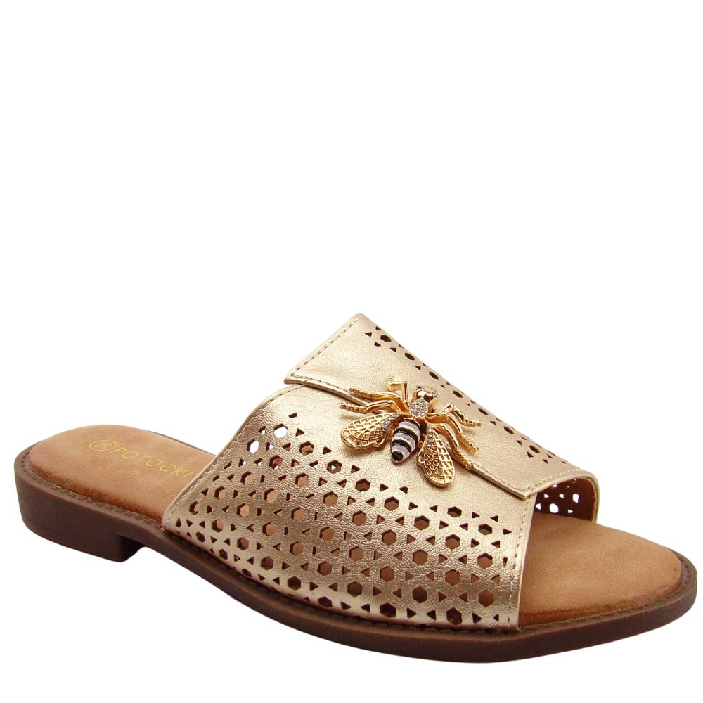 Potocki 21368 klapki damskie ażurowe z ozdobą złote