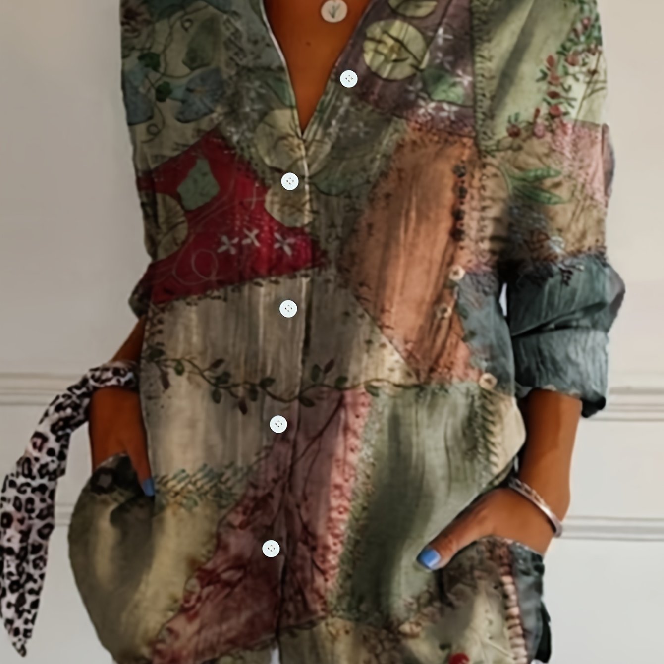 TEMU Koszula Damska z Długim Rękawem i Guzikami - 'owy Kwiatowy Nadruk z Paisleym i Geometrycznymi Wzorami, Kołnierzyk, Możliwość Prania w Pralce,