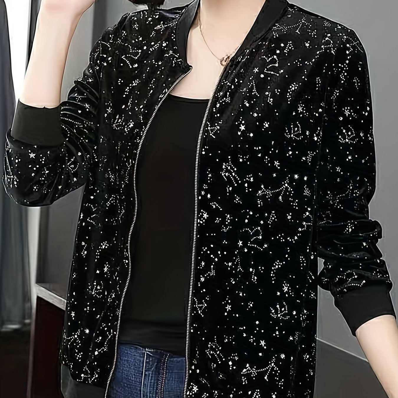 TEMU Letnia Lekka Kurtka Baseballowa dla Kobiet - Geometryczny Wzór, Luźna Krój H-Sylwetka z Zamkiem i Półprzezroczystym Długim Rękawem na Zewnątrz