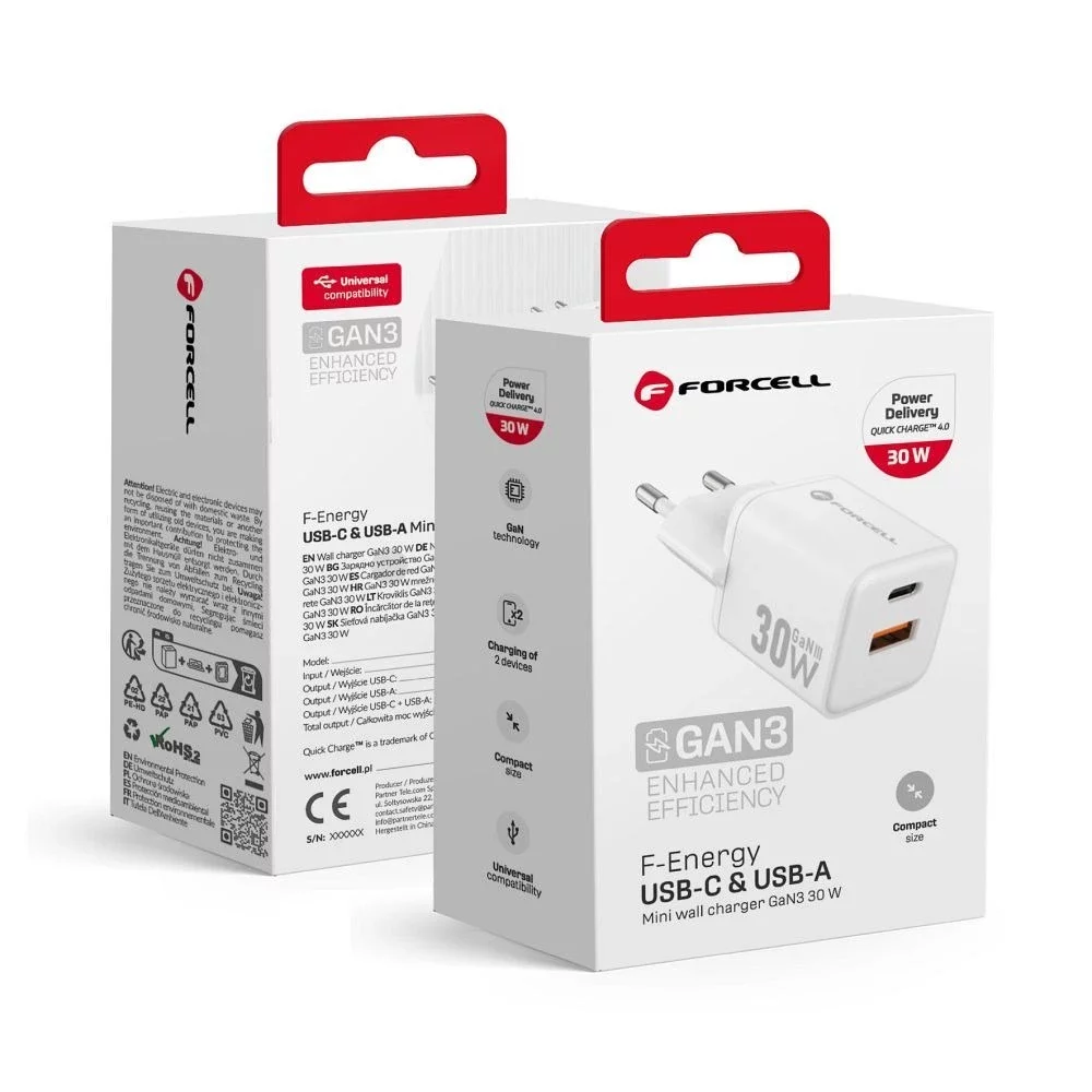 Ładowarka sieciowa Forcell Mini GaN III 30W PD QC4.0 USB-C+USB-A