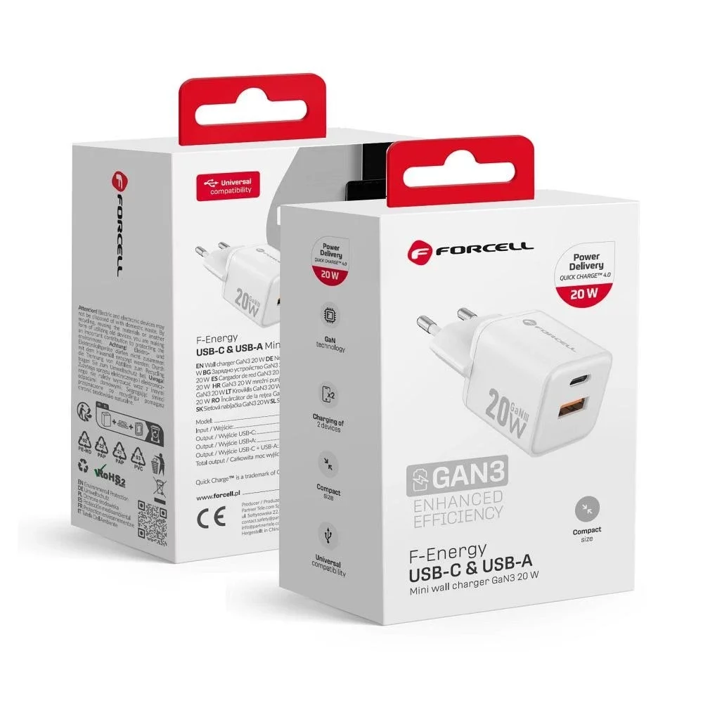 Ładowarka sieciowa Forcell Mini GaN III 20W USB-C + USB-A PD QC4.0