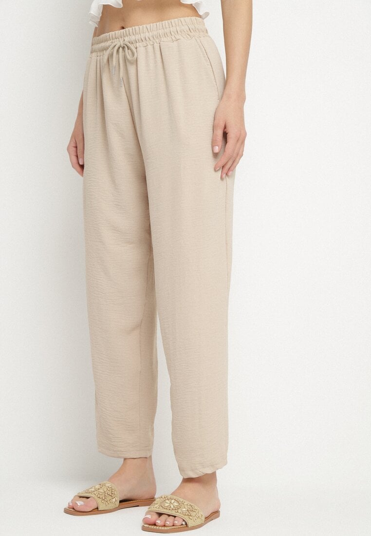 Beżowe Spodnie z Wiskozą o Prostym Kroju z Gumką i Wiązaniem w Talii Salenessa