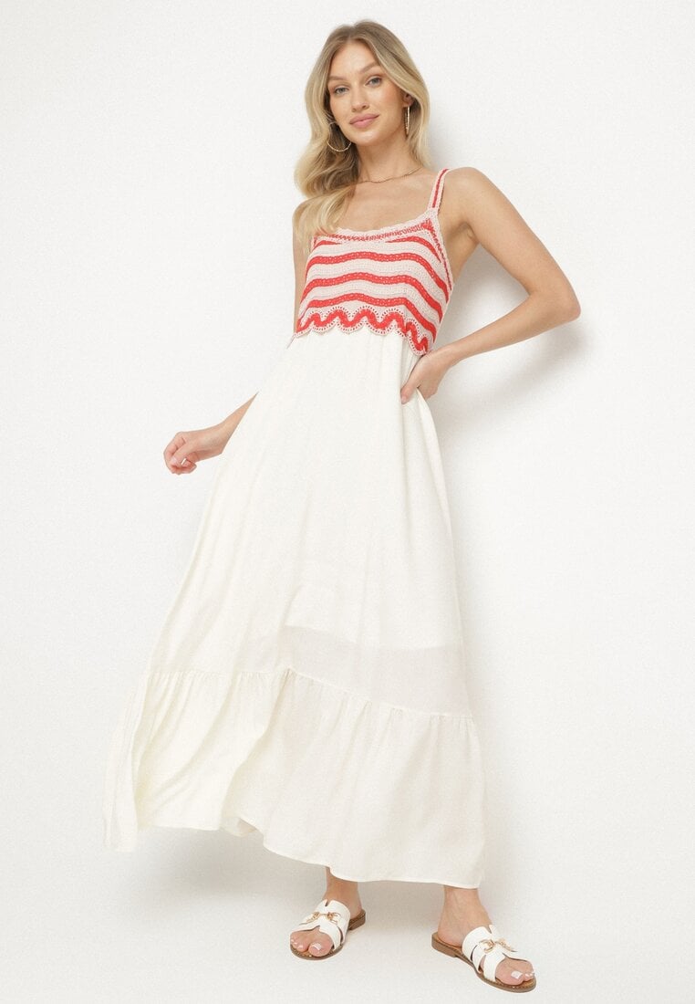 Beżowa Sukienka Rozkloszowana na Ramiączkach z Wiskozy Ozdobiona Haftami Efradea