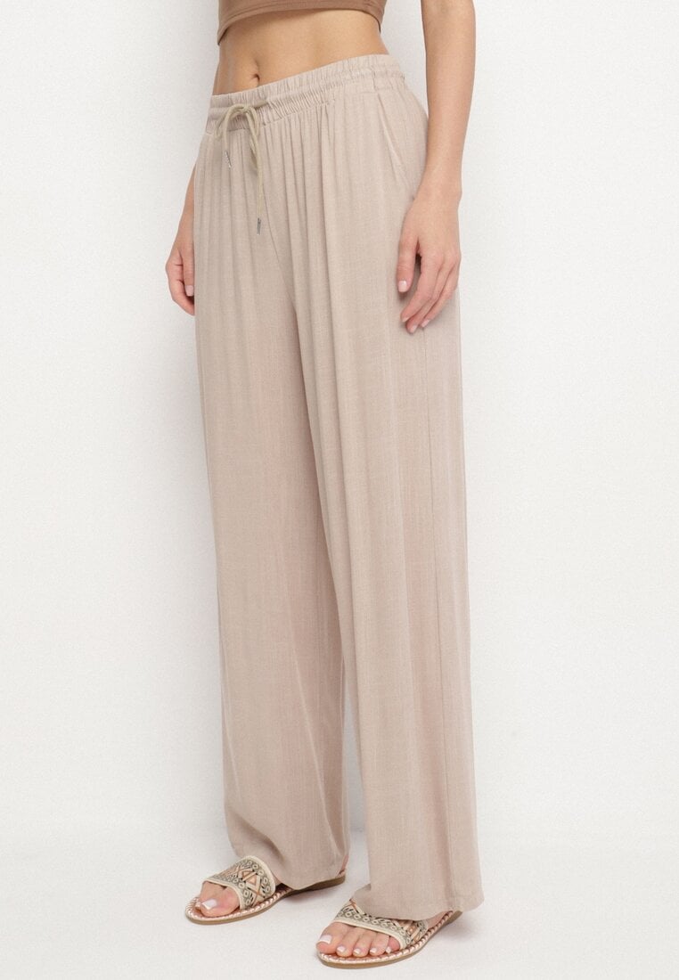 Beżowe Bawełniane Spodnie z Gumką w Talii o Luźnym Fasonie Efraia