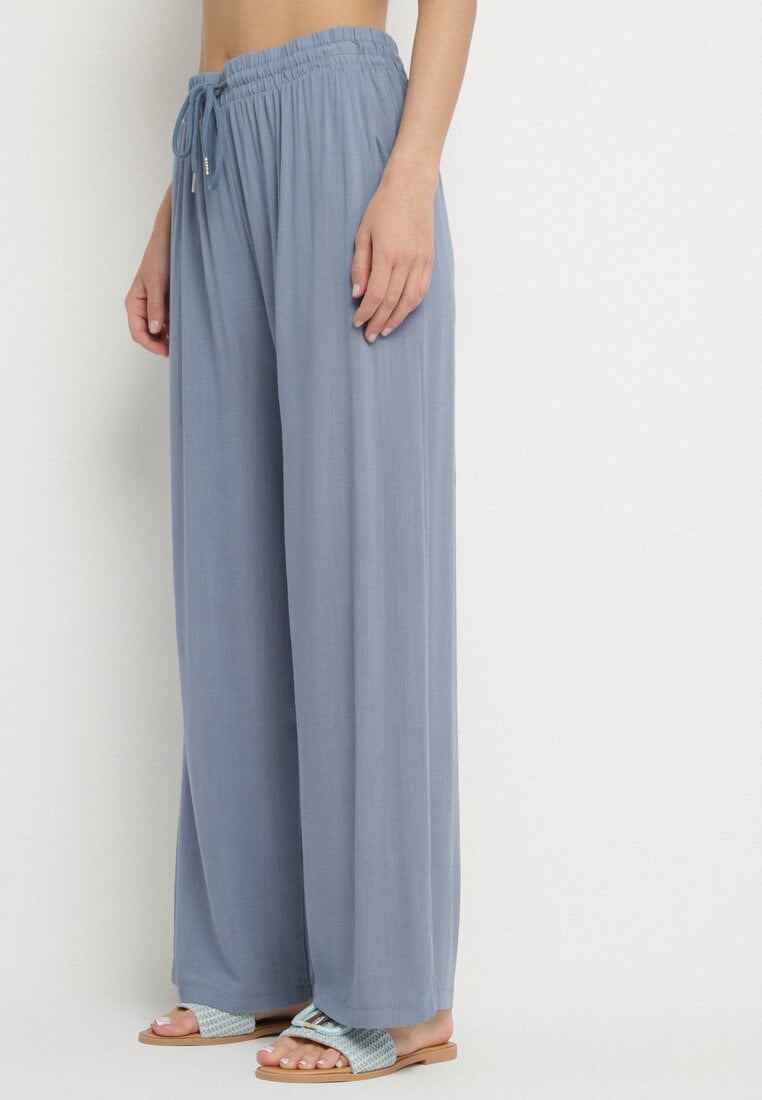 Niebieskie Bawełniane Spodnie z Gumką w Talii o Luźnym Fasonie Efraia