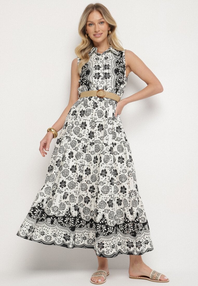 Czarna Bawełniana Sukienka o Koszulowym Kroju Bez Rękawów z Paskiem Mirulenia