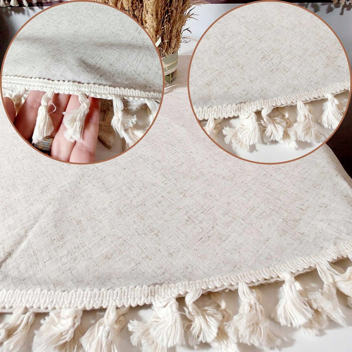 Obrus okrągły lniany na stół do salonu do pokoju z frędzlami BOHO 120cm