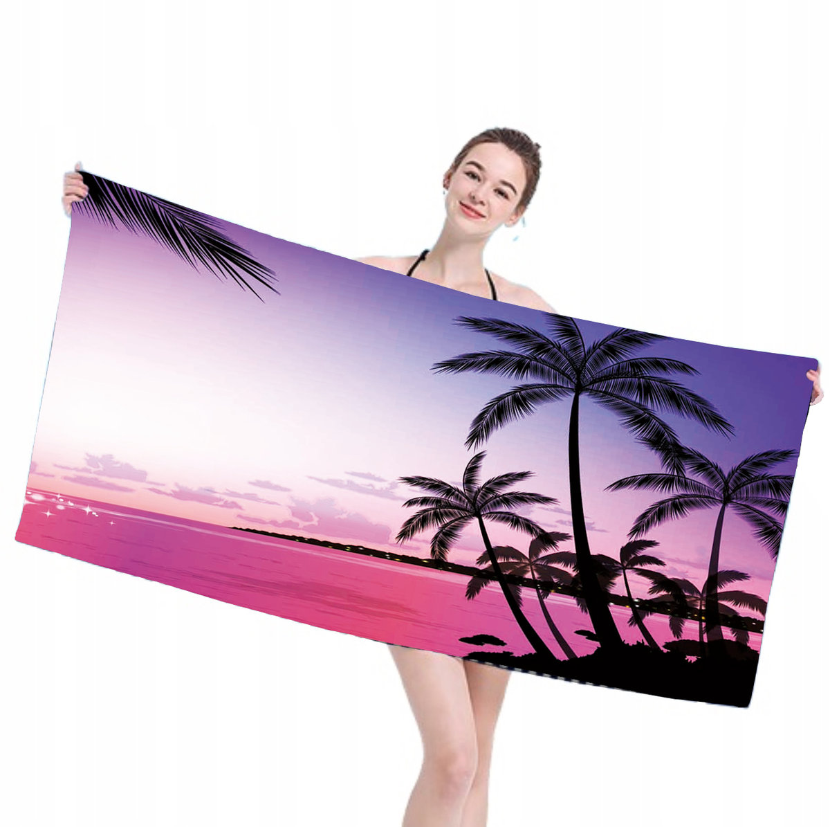Ręcznik plażowy 100x210 czarny różowy palmy nocą