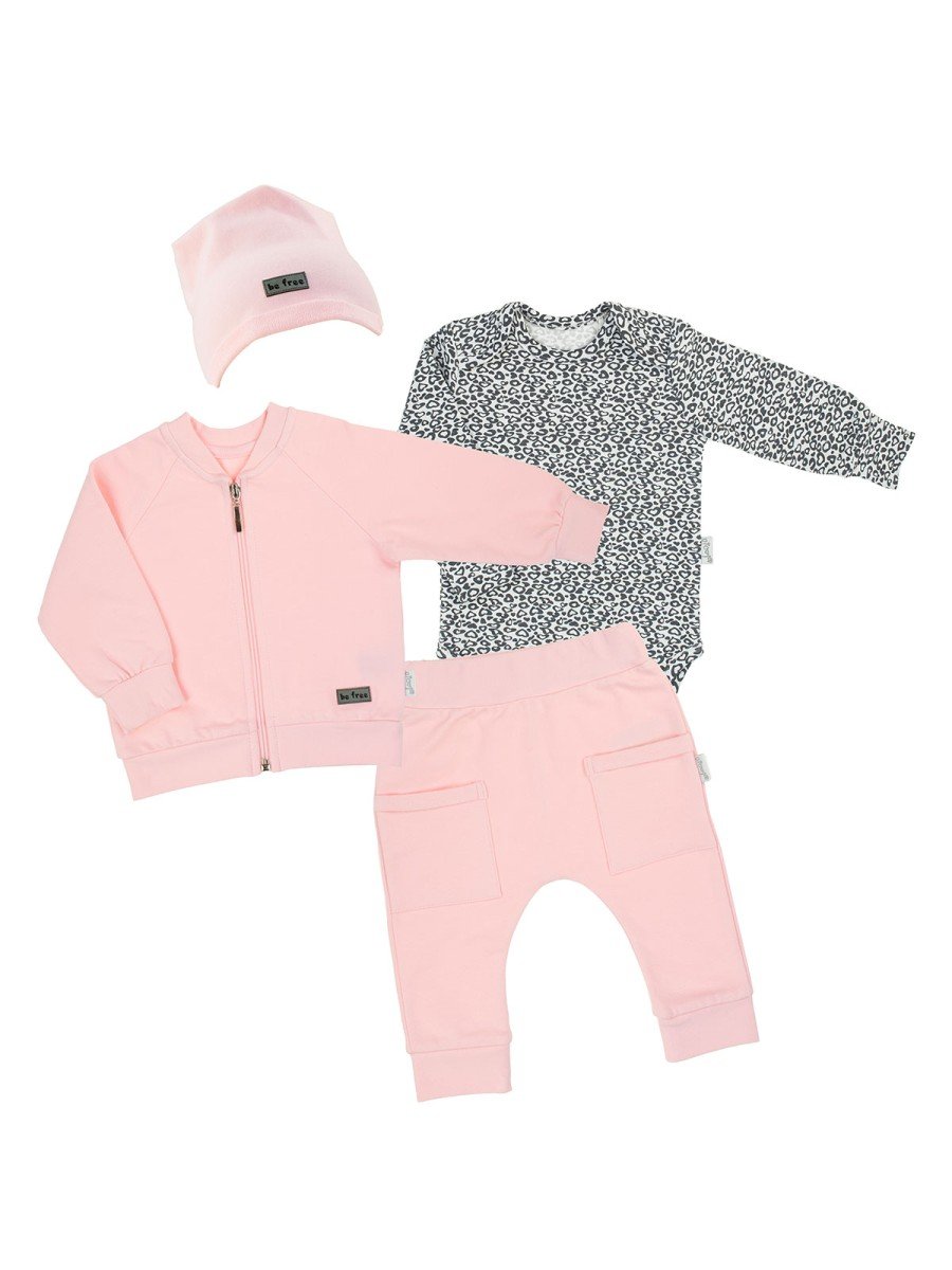 Niemowlęcy komplet 4-ro częściowy: bluza, body, spodnie, czapka różowy Nicol,r.74