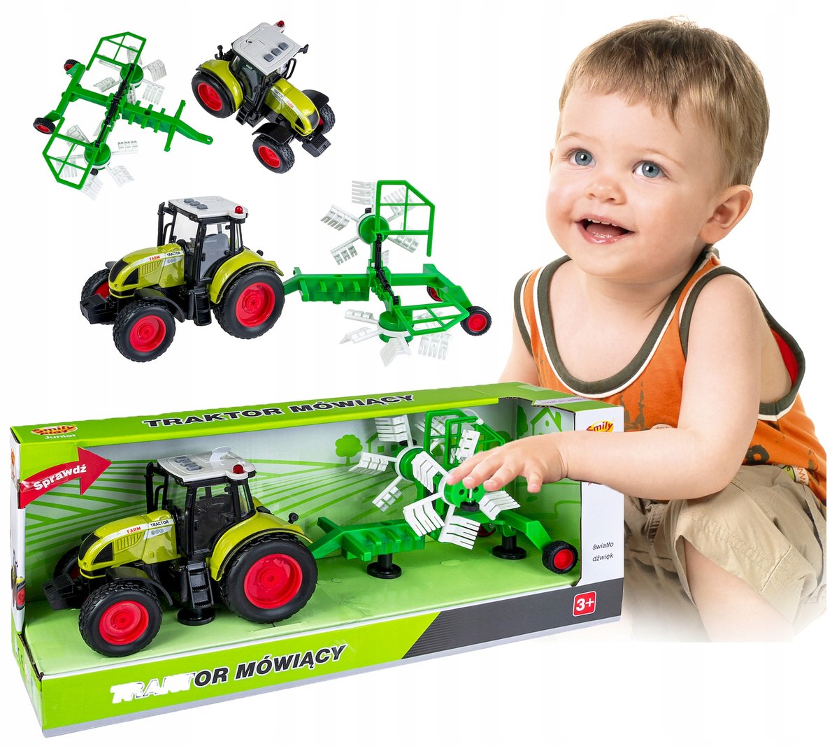 DUŻY TRAKTOR NAPĘD MÓWI ŚWIECI 40CM PRZYCZEPA 3W1