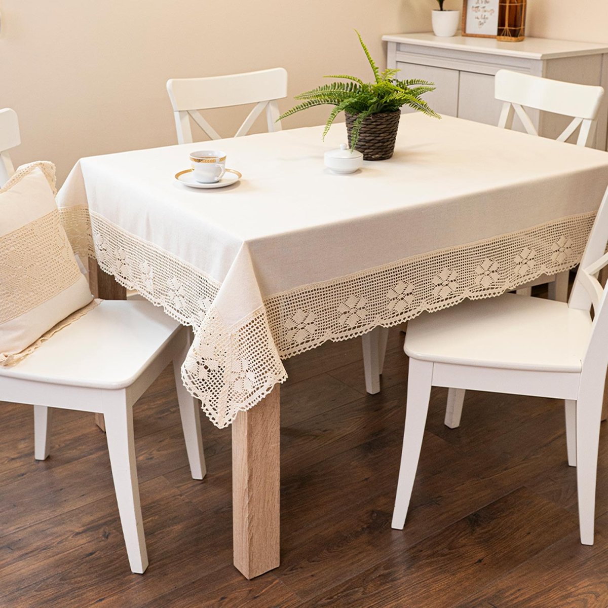 Bawełniany obrus z ażurem, kolor jasny kremowy, Rachela, rozmiar: - 140x220 cm