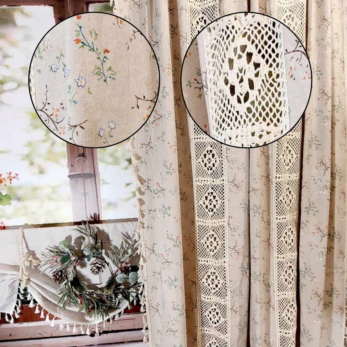 Zasłony gotowe lniane boho z frędzlami koronka dziergana panel 150/160cm