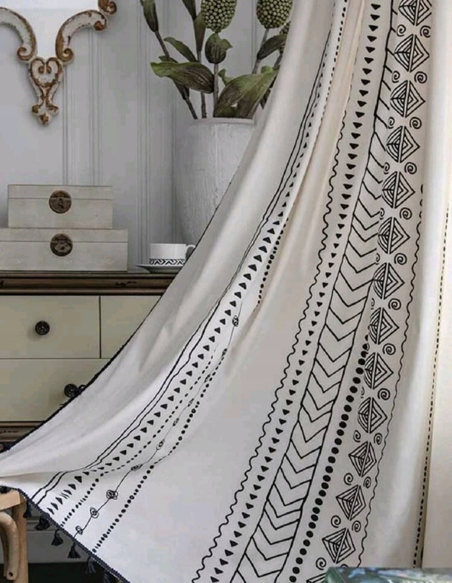 Zasłona lniana boho z frędzlami wzory geometryczne zasłony 150/240cm
