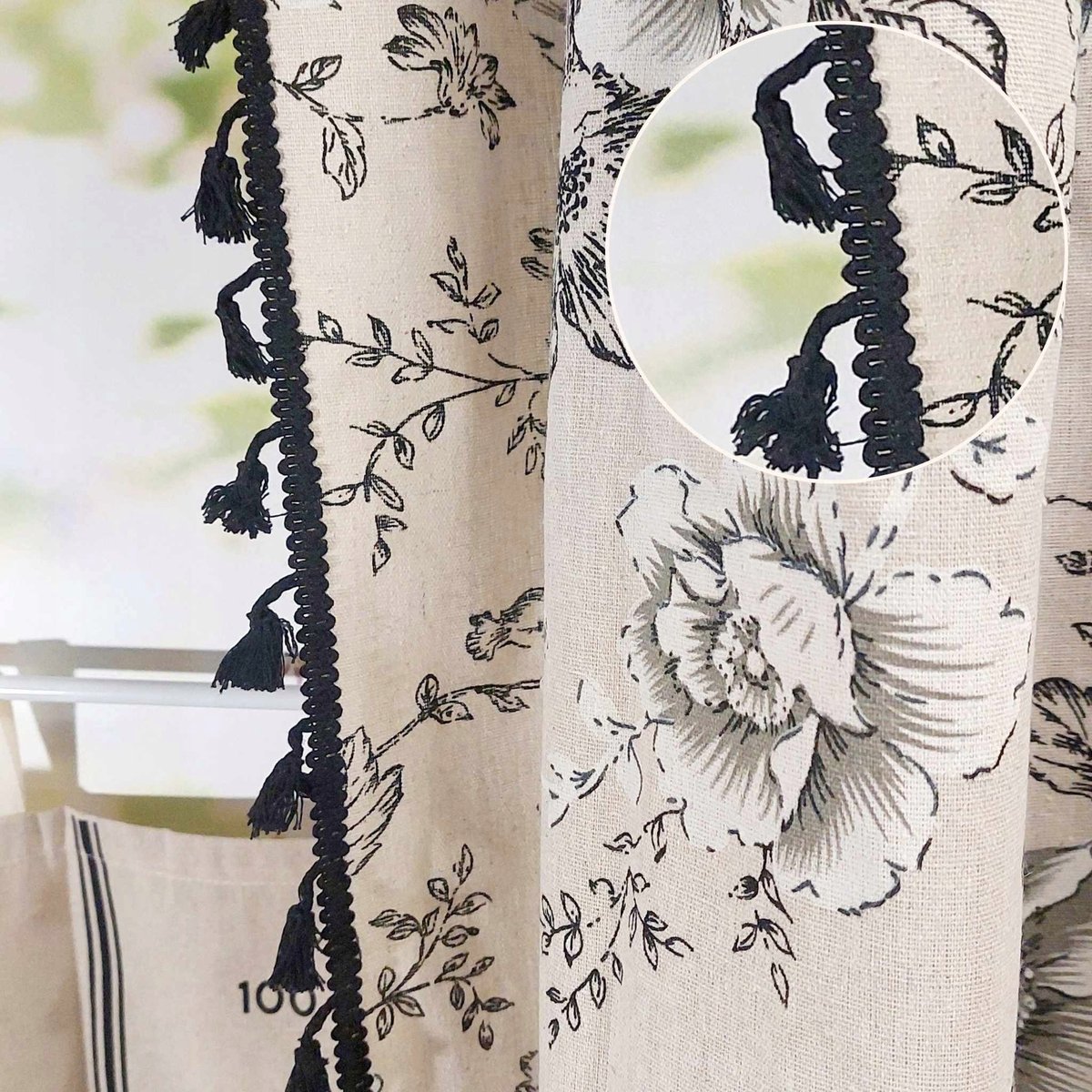 Zasłona gotowa na tunel lniana boho z frędzlami kwiaty SHABBY 130/240cm