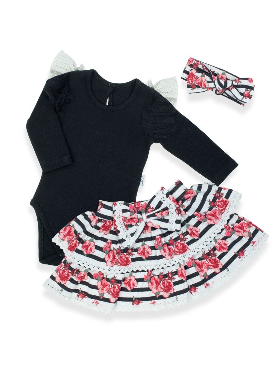 Niemowlęcy komplet 3-częściowy body na długi rękaw, spódniczka, opaska czarny Nicol,r.68