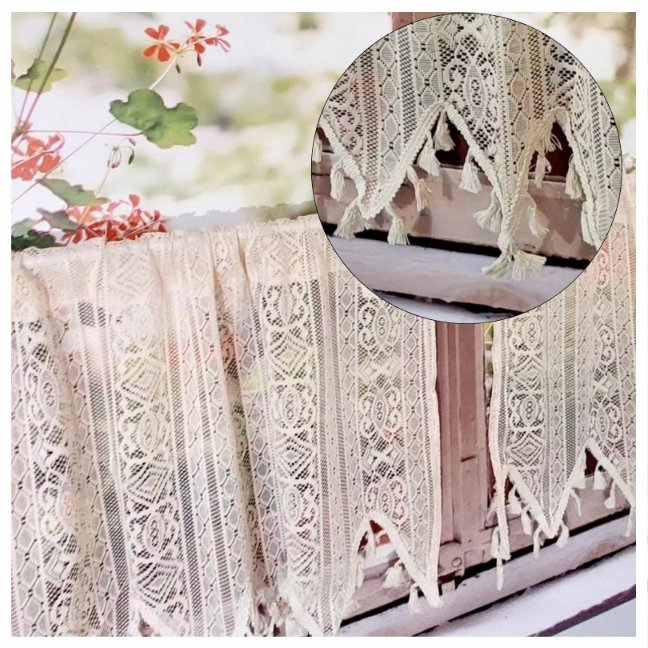 Zazdrostka Firanka Koronkowa Boho do Kuchni z Frędzlami SHABBY 145/45cm