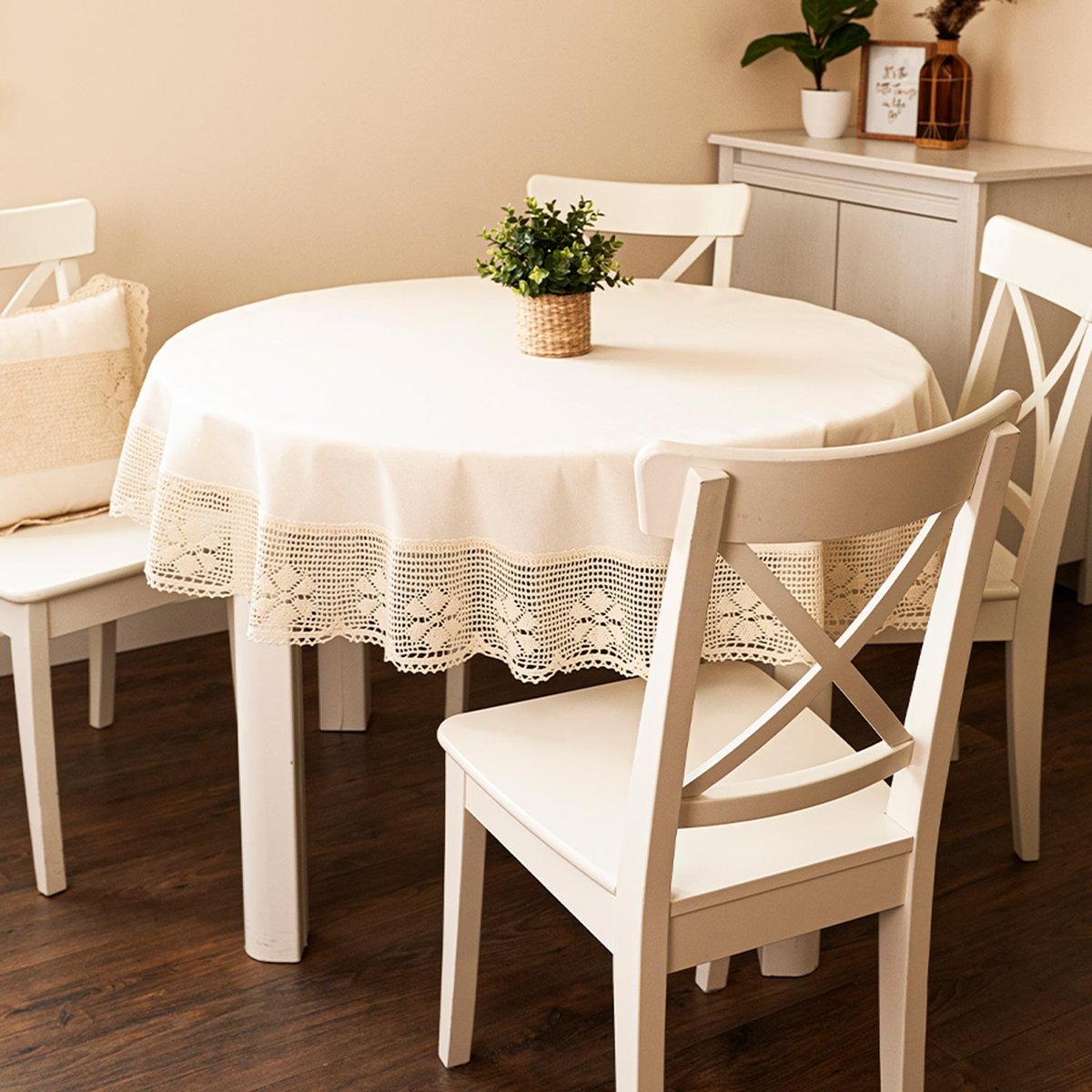 Bawełniany, okrągły obrus z ażurem, kolor jasny kremowy, Rachela, - średnica 160 cm