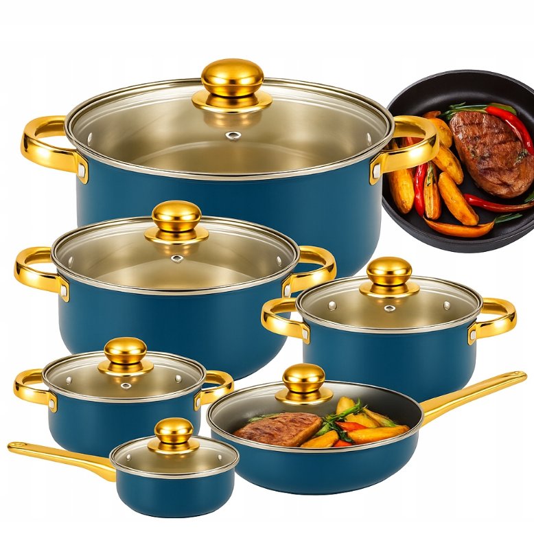 KOMPLET GARNKÓW KUCHENNYCH 12 ELEMENTÓW PATELNIA + POKRYWKI GARNKI STALOWE