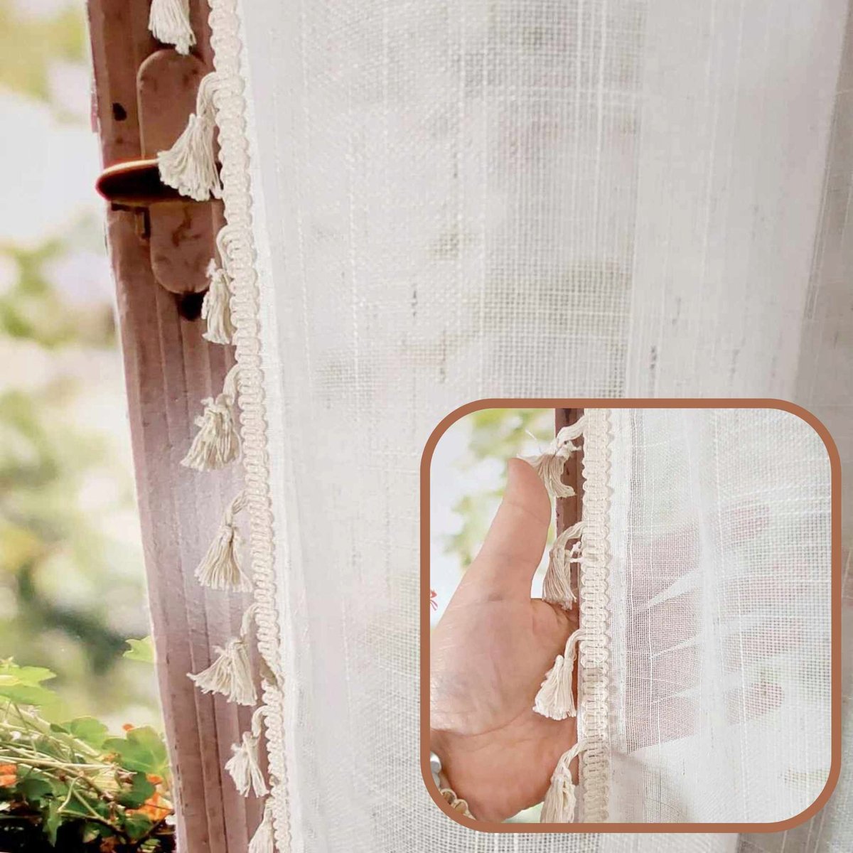 Zasłony gotowe lniane boho z frędzlami panel sztora 140/120cm
