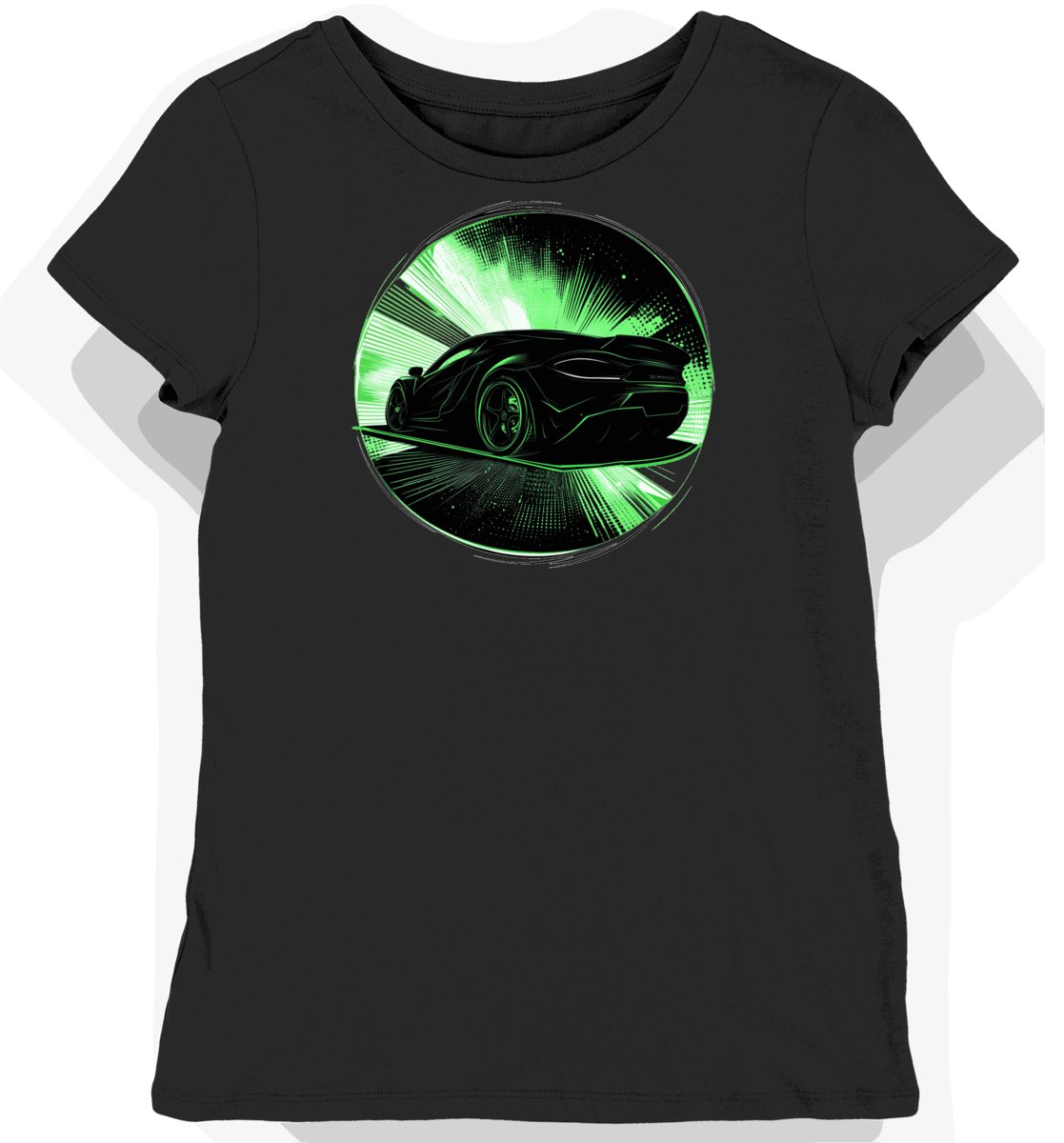 Koszulka damska czarna z grafiką zielonego sportowego auta XL
