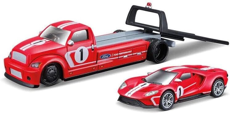 MAISTO 2018 FORD GT + LAWETA MAISTO FLATBED CZERWONY 1:64