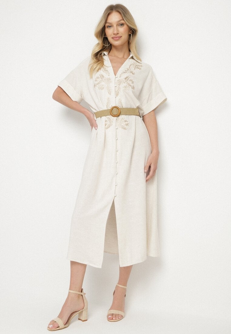 Beżowa Wiskozowa Sukienka Koszulowa z Lnem Zdobiona Haftem i Paskiem Atelinda