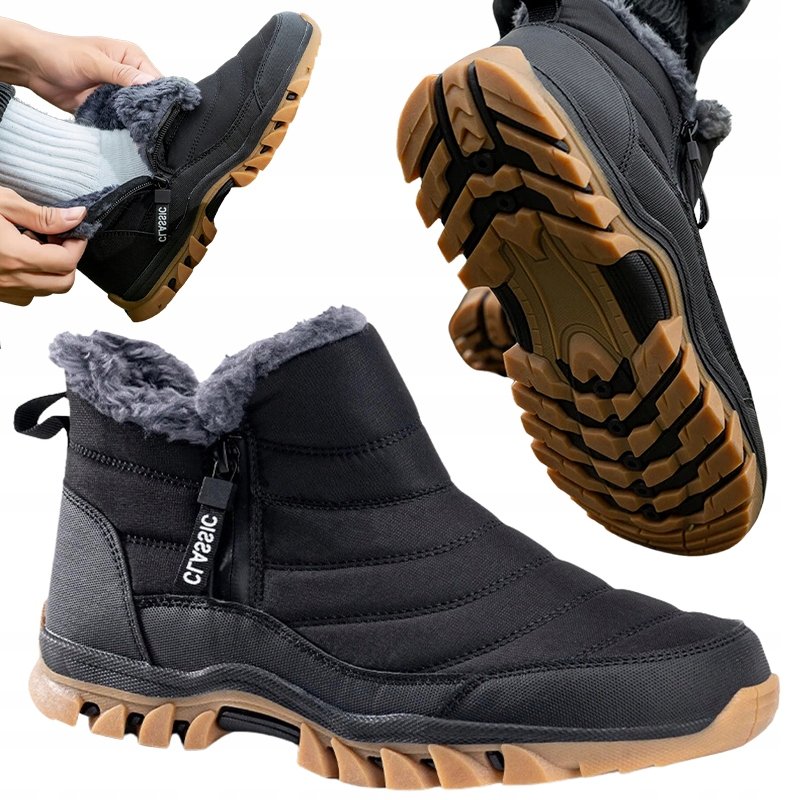 BUTY ZIMOWE OCIEPLANE ŚNIEGOWCE WODOODPORNE CZARNE TRAPERY BOTKI ZA KOSTKĘ