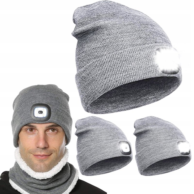 CZAPKA ZIMOWA OCIEPLANA Z LATARKĄ LED CZARNA USB SPORTOWA UNIWERSALNA