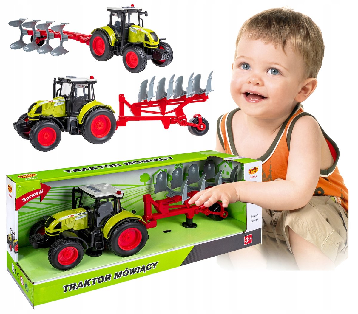 DUŻY TRAKTOR NAPĘD MÓWI ŚWIECI 40CM PRZYCZEPA 3W1