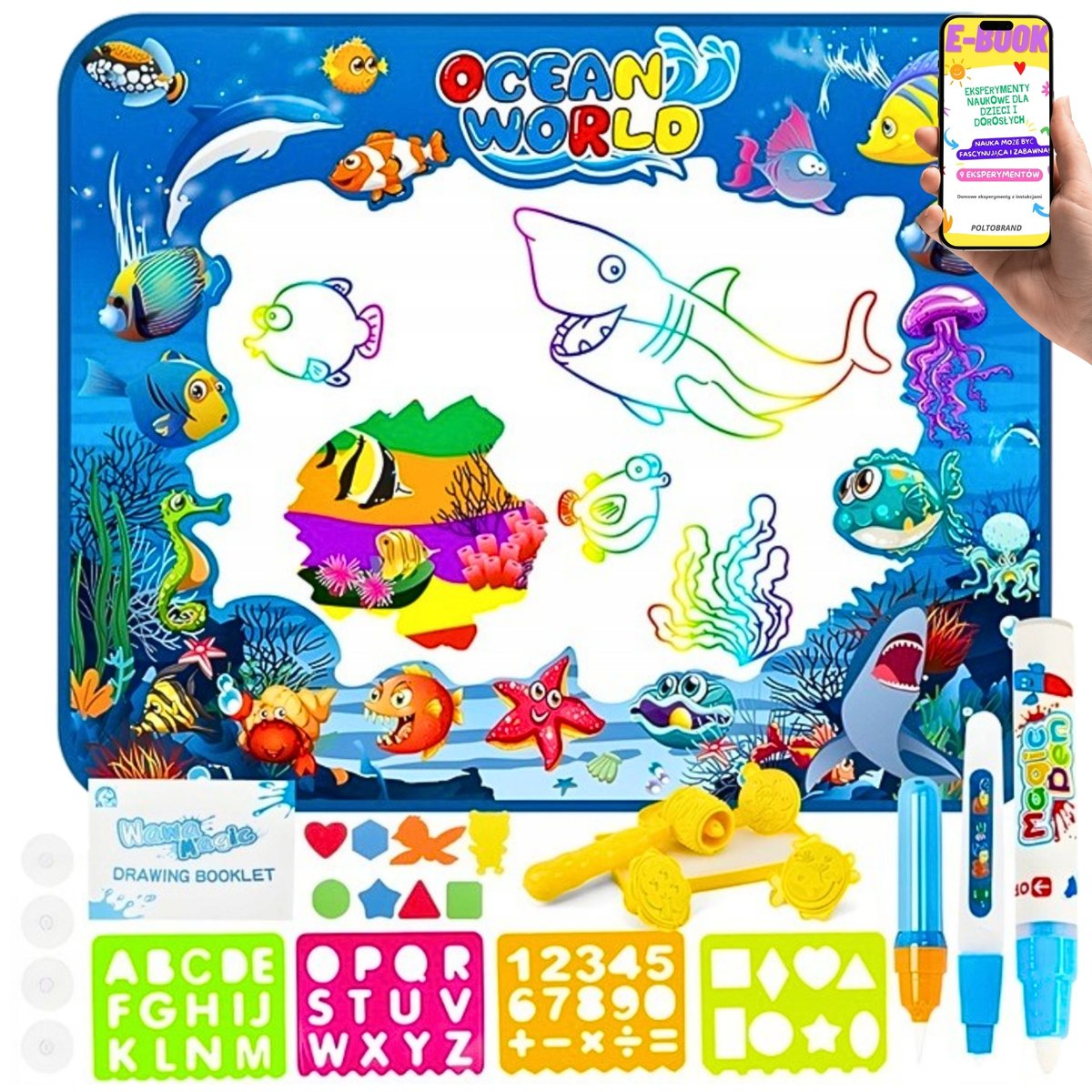 MATA WODNA DO RYSOWANIA I MALOWANIA WODĄ XXL 100x80 cm – Duży Zestaw z Pisakami, Pieczątkami i Szablonami – Rozwój Kreatywności Bez Bałaganu + EBOOK