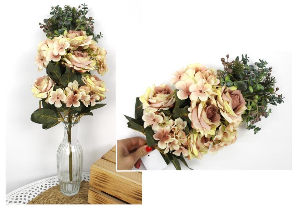 BUKIET RÓŻ I HORTENSJI W KREMOWO-RÓŻOWYCH ODCIENIACH, 47 CM