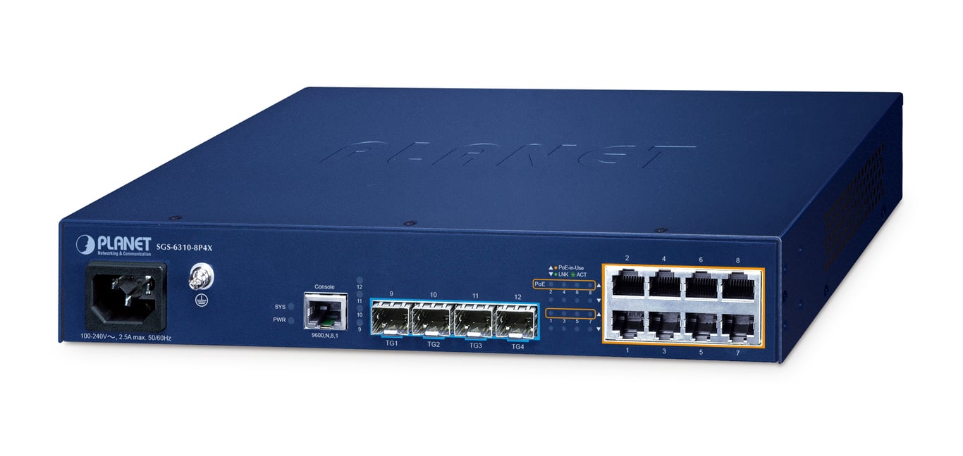 PLANET SGS-6310-8P4X łącza sieciowe Zarządzany L3 Gigabit Ethernet (10/100/1000) Obsługa PoE Niebieski SGS-6310-8P4X