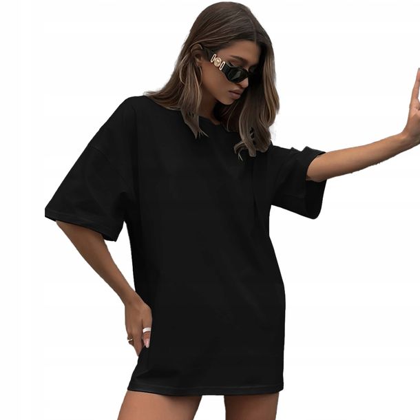 Koszulka Damska Oversize Długa T-shirt Czarna Tunika Mini Sukienka Xxl