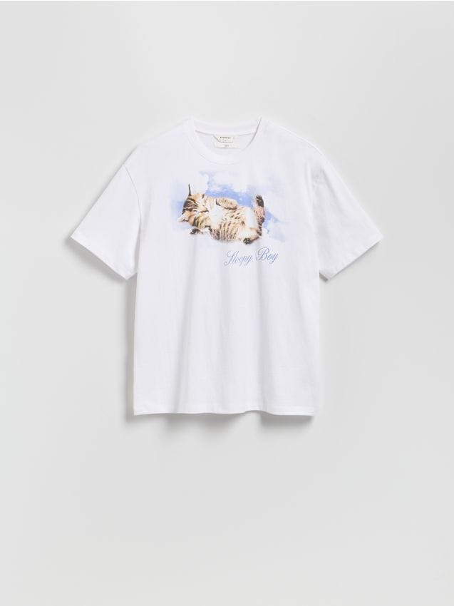 Reserved - T-shirt boxy z nadrukiem - biały