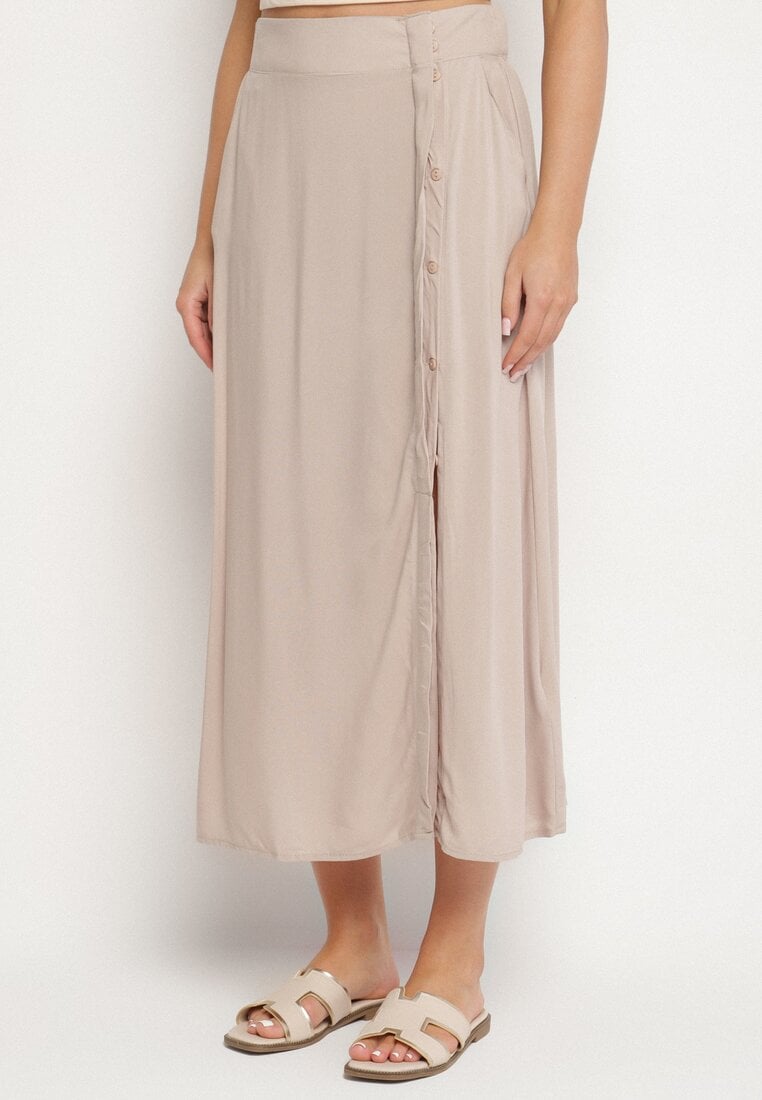 Ciemnobeżowa Spódnica z Wiskozy o Rozkloszowanym Kroju Galinelle