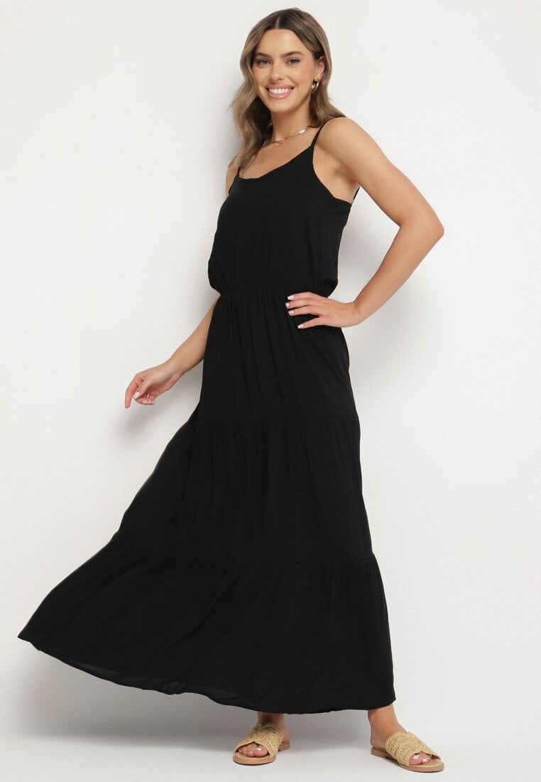 Czarna Wiskozowa Sukienka o Rozkloszowanym Kroju na Ramiączkach Flenore