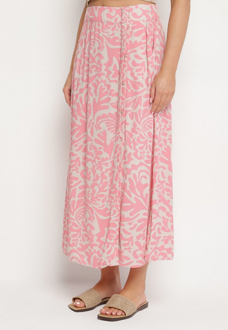 Różowa Wiskozowa Spódnica o Rozkloszowanym Kroju z Kieszeniami Kosaretia