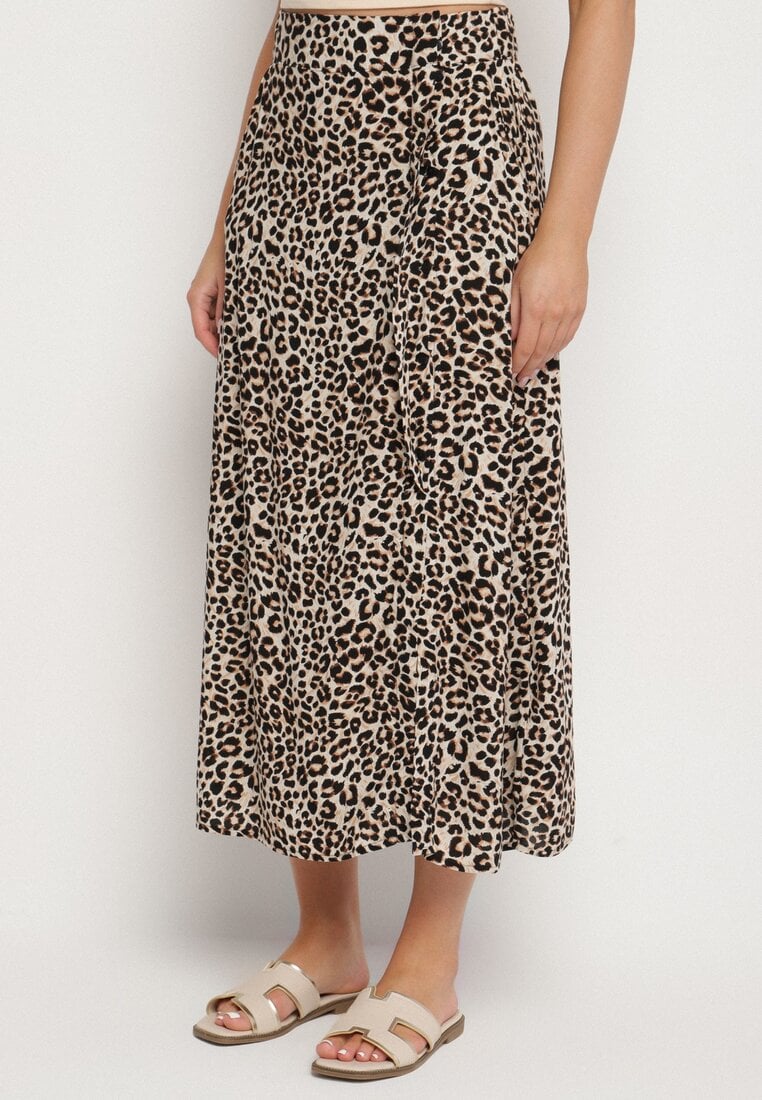 Brązowa Wiskozowa Spódnica o Rozkloszowanym Kroju z Kieszeniami Kosaretia