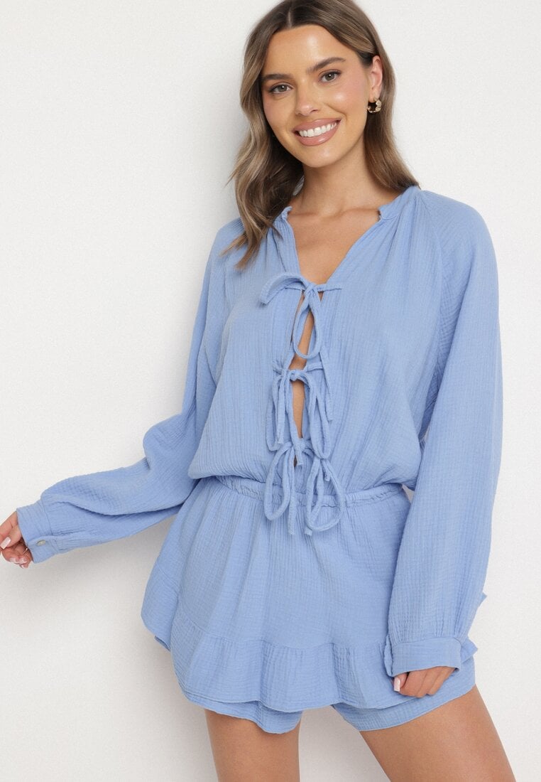Niebieski Wiązany Bawełniany Kombinezon Boho z Falbankami i Wiązaniem Lalelia