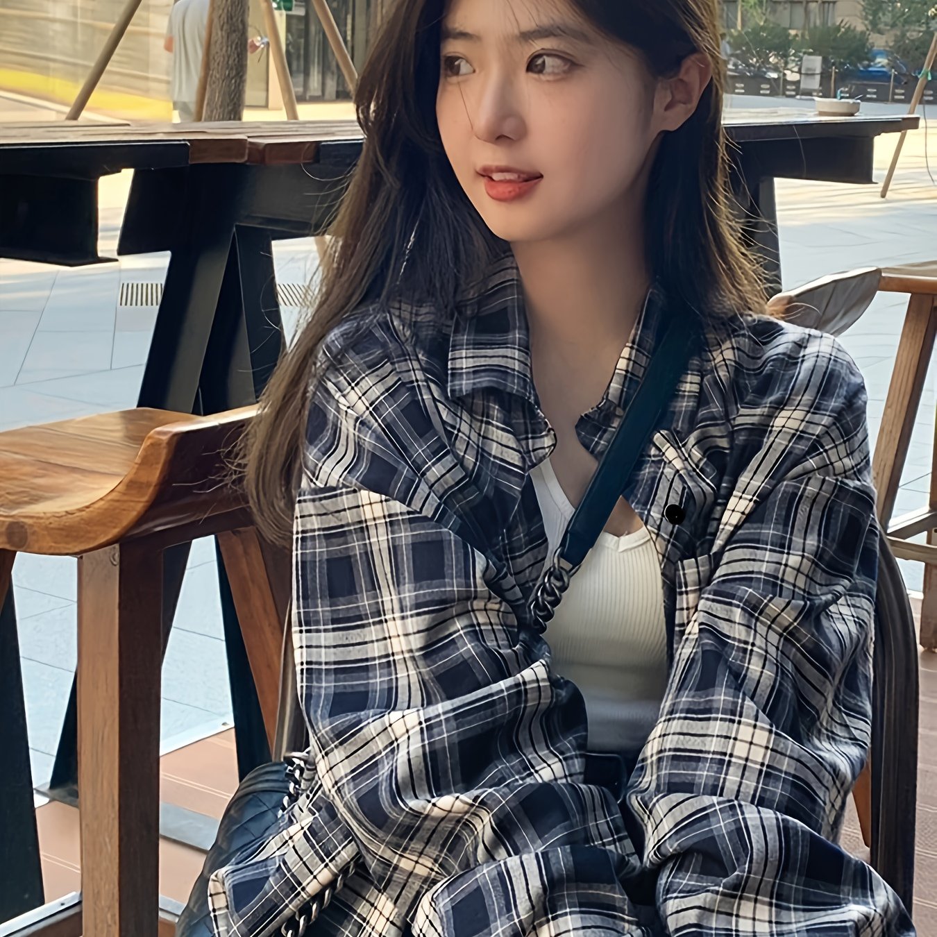 TEMU Koreańska Damska Koszula w Kratę w Stylu Vintage z Długim Rękawem, Plus Size, Idealna na Wiosnę, i Jesień, z Minimalistycznym Designem, Luźny