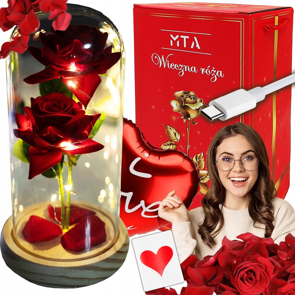 WIECZNA RÓŻA W SZKLE AKRYL LED ŚWIECĄCA NA BATERIE +KABEL USB DLA KOBIETY