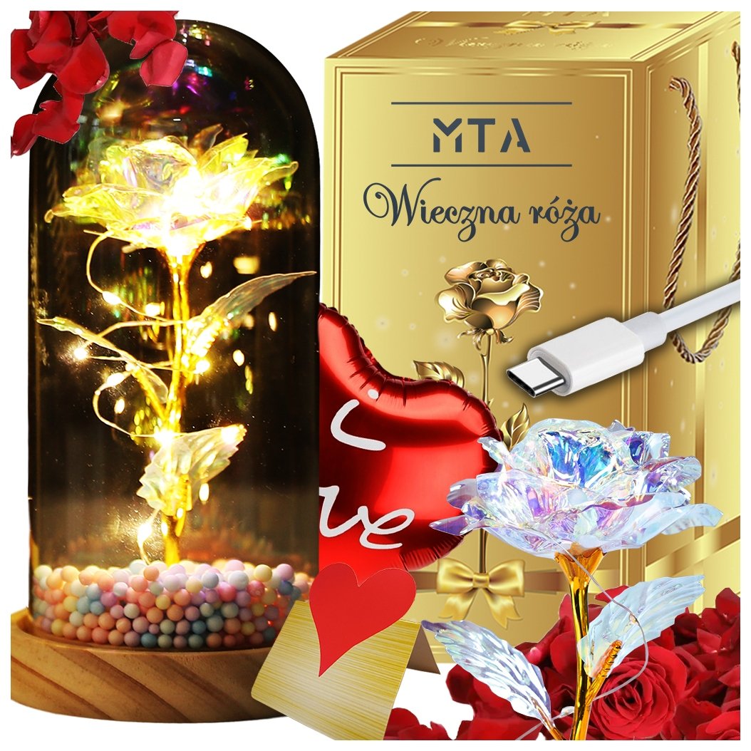 WIECZNA RÓŻA W SZKLE AKRYL LED ŚWIECĄCA NA BATERIE +KABEL USB DLA KOBIETY